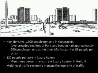 High density:  1,200 people per acre in skyscrapers (overcrowded sections of Paris and London had approximately 200 people per acre at the time; Manhattan has 81 people per acre) 120 people per acre in luxury homes Ten times denser than current luxury housing in the U.S. Multi-level traffic system to manage the intensity of traffic 