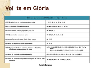 Vol ta em Glória
O Glorioso Aparecimento de CRISTO do Céu para Julgar e Guerrear
CRISTO voltará com os crentes e com seus anjos 2 Ts 1.7-10; Jd 14, 15; Ap 19.14
CRISTO reunirá os santos da tribulação Mt 24.31; 25.31-40; Mc 13.27; Ap 20.4
Os incrédulos não estarão preparados para isso Mt 24.38,39,43
CRISTO separará os homens na terra Mt 13.40,41, 47-50; 25.31-46
As nações ficarão enfurecidas diante desse evento Ap 11.18
Os santos se regozijarão diante desse evento Ap 19.1-8
CRISTO julgará e destruirá os ímpios, inclusive o Anticristo, e
Satanás será aprisionado por mil anos
Is 13.6-12;Ez 20.34-38; Mt 13.41-50; 24.30; 25.41-46;Lc 19.11-17;1Ts
5.1-11;
2Ts 2.7-10,12;Ap 6.6,17; 11.18; 17.14; 18.1-24; 19.11-20.3
Os santos da tribulação receberão galardões Mt 5.11,12; 1Co 3.12-14; 9.25-27; Gl 6.9,10; 2Tm 4.8; Ap 20.4
Os santos da tribulação compartilharão da glória de CRISTO e do
seu Reino Mt 25.31-40; Rm 8.29; 2Ts 2.13,14; Ap 20.4
Moisés Sampaio
 