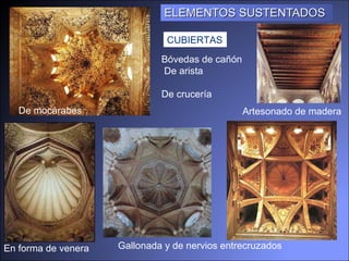 ELEMENTOS SUSTENTADOS Bóvedas de cañón  De arista  De crucería  CUBIERTAS Gallonada y de nervios entrecruzados  De mocárabes  En forma de venera  Artesonado de madera 