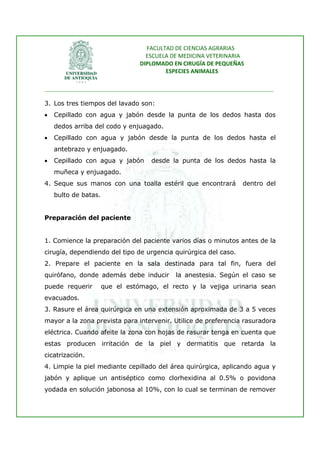 FACULTAD DE CIENCIAS AGRARIAS   
                                   ESCUELA DE MEDICINA VETERINARIA  
                                 DIPLOMADO EN CIRUGÍA DE PEQUEÑAS  
                                         ESPECIES ANIMALES 
                      
________________________________________________________________________________ 
 
3. Los tres tiempos del lavado son:
•   Cepillado con agua y jabón desde la punta de los dedos hasta dos
    dedos arriba del codo y enjuagado.
•   Cepillado con agua y jabón desde la punta de los dedos hasta el
    antebrazo y enjuagado.
•   Cepillado con agua y jabón       desde la punta de los dedos hasta la
    muñeca y enjuagado.
4. Seque sus manos con una toalla estéril que encontrará             dentro del
    bulto de batas.


Preparación del paciente


1. Comience la preparación del paciente varios días o minutos antes de la
cirugía, dependiendo del tipo de urgencia quirúrgica del caso.
2. Prepare el paciente en la sala destinada para tal fin, fuera del
quirófano, donde además debe inducir          la anestesia. Según el caso se
puede requerir        que el estómago, el recto y la vejiga urinaria sean
evacuados.
3. Rasure el área quirúrgica en una extensión aproximada de 3 a 5 veces
mayor a la zona prevista para intervenir. Utilice de preferencia rasuradora
eléctrica. Cuando afeite la zona con hojas de rasurar tenga en cuenta que
estas producen irritación de la piel y dermatitis que retarda la
cicatrización.
4. Limpie la piel mediante cepillado del área quirúrgica, aplicando agua y
jabón y aplique un antiséptico como clorhexidina al 0.5% o povidona
yodada en solución jabonosa al 10%, con lo cual se terminan de remover
 