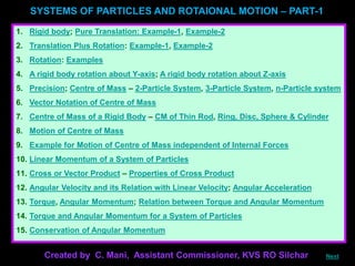SYSTEMS OF PARTICLES AND ROTAIONAL MOTION – PART-1
1. Rigid body; Pure Translation: Example-1, Example-2
2. Translation Plus Rotation: Example-1, Example-2
3. Rotation: Examples
4. A rigid body rotation about Y-axis; A rigid body rotation about Z-axis
5. Precision; Centre of Mass – 2-Particle System, 3-Particle System, n-Particle system
6. Vector Notation of Centre of Mass
7. Centre of Mass of a Rigid Body – CM of Thin Rod, Ring, Disc, Sphere & Cylinder
8. Motion of Centre of Mass
9. Example for Motion of Centre of Mass independent of Internal Forces
10. Linear Momentum of a System of Particles
11. Cross or Vector Product – Properties of Cross Product
12. Angular Velocity and its Relation with Linear Velocity; Angular Acceleration
13. Torque, Angular Momentum; Relation between Torque and Angular Momentum
14. Torque and Angular Momentum for a System of Particles
15. Conservation of Angular Momentum
Created by C. Mani, Assistant Commissioner, KVS RO Silchar Next
 