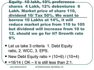 Equity  10 lakh, 10% preference shares  4 Lakh, 12% debentures  6 Lakh. Market price of share 110, dividend 10/ Tax 50%. We want to borrow 10 Lakhs at 14%, it will reduce market price from 110 to 105 but dividend will increase from 10 to 12. should we go for it? Growth rate 6% Let us take 3 criteria  1. Debt Equity ratio, 2. WCC, 3. EPS.  New Debt Equity ratio = (10+6) / (10+4) =16/14 ( OK – it is still less than 2:1.  