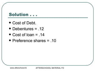 Solution . . .  Cost of Debt.  Debentures = .12 Cost of loan = .14 Preference shares = .10 