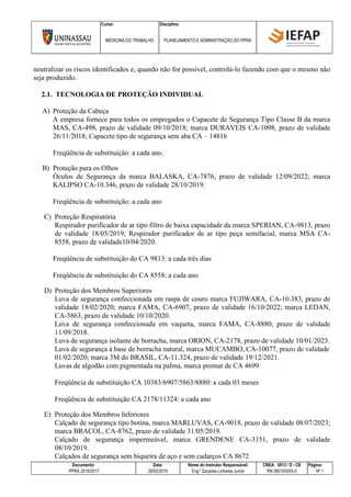 Curso: Disciplina:
MEDICINA DO TRABALHO PLANEJAMENTO E ADMINISTRAÇÃO DO PPRA
Documento: Data: Nome do Instrutor Responsável: CREA: 5813 / D - CE Página:
PPRA 2016/2017 28/02/2016 Eng° Zacarias Linhares Junior RN 060193055-0 Nº 1
neutralizar os riscos identificados e, quando não for possível, controlá-lo fazendo com que o mesmo não
seja produzido.
2.1. TECNOLOGIA DE PROTEÇÃO INDIVIDUAL
A) Proteção da Cabeça
A empresa fornece para todos os empregados o Capacete de Segurança Tipo Classe B da marca
MAS, CA-498, prazo de validade 09/10/2018; marca DURAVEIS CA-1098, prazo de validade
26/11/2018; Capacete tipo de segurança sem aba CA – 14816
Freqüência de substituição: a cada ano.
B) Proteção para os Olhos
Óculos de Segurança da marca BALASKA, CA-7876, prazo de validade 12/09/2022; marca
KALIPSO CA-10.346, prazo de validade 28/10/2019.
Freqüência de substituição: a cada ano
C) Proteção Respiratória
Respirador purificador de ar tipo filtro de baixa capacidade da marca SPERIAN, CA-9813, prazo
de validade 18/05/2019; Respirador purificador de ar tipo peça semifacial, marca MSA CA-
8558, prazo de validade10/04/2020.
Freqüência de substituição do CA 9813: a cada três dias
Freqüência de substituição do CA 8558: a cada ano
D) Proteção dos Membros Superiores
Luva de segurança confeccionada em raspa de couro marca FUJIWARA, CA-10.383, prazo de
validade 18/02/2020; marca FAMA, CA-6907, prazo de validade 16/10/2022; marca LEDAN,
CA-5863, prazo de validade 10/10/2020.
Luva de segurança confeccionada em vaqueta, marca FAMA, CA-8880, prazo de validade
11/09/2018.
Luva de segurança isolante de borracha, marca ORION, CA-2178, prazo de validade 10/01/2023.
Luva de segurança à base de borracha natural, marca MUCAMBO, CA-10077, prazo de validade
01/02/2020; marca 3M do BRASIL, CA-11.324, prazo de validade 19/12/2021.
Luvas de algodão com pigmentada na palma, marca promat de CA 4699
Freqüência de substituição CA 10383/6907/5863/8880: a cada 03 meses
Freqüência de substituição CA 2178/11324: a cada ano
E) Proteção dos Membros Inferiores
Calçado de segurança tipo botina, marca MARLUVAS, CA-9018, prazo de validade 08/07/2023;
marca BRACOL, CA-8762, prazo de validade 31/05/2019.
Calçado de segurança impermeável, marca GRENDENE CA-3151, prazo de validade
08/10/2019.
Calçados de segurança sem biqueira de aço e sem cadarços CA 8672
 