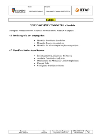 Curso: Disciplina:
MEDICINA DO TRABALHO PLANEJAMENTO E ADMINISTRAÇÃO DO PPRA
Documento: Data: Nome do Instrutor Responsável: CREA: 5813 / D - CE Página:
PPRA 2016/2017 28/02/2016 Eng° Zacarias Linhares Junior RN 060193055-0 Nº 1
PARTE 4
DESENVOLVIMENTO DO PPRA - Sumário
Nesta parte estão relacionados os itens do desenvolvimento do PPRA da empresa.
4.1 Profissiografia dos empregados:
 Descrição do ambiente de trabalho;
 Descrição do processo produtivo;
 Descrição das atividades por função correspondente.
4.2 Identificação das Áreas/Setores:
 Reconhecimento e Antecipação dos Riscos;
 Avaliação Quantitativa dos Riscos;
 Detalhamento das Medidas de Controle Implantadas;
 Plano de Ação;
 Cronograma de Desenvolvimento
 