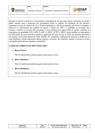 Curso: Disciplina:
MEDICINA DO TRABALHO PLANEJAMENTO E ADMINISTRAÇÃO DO PPRA
Documento: Data: Nome do Instrutor Responsável: CREA: 5813 / D - CE Página:
PPRA 2016/2017 28/02/2016 Eng° Zacarias Linhares Junior RN 060193055-0 Nº 1
Receber os postos e observar os vencimentos e demandas de serviços para serem executados em tempo
hábil; repassar para a matrícula dos instaladores todos os pedidos de instalação do dia anterior;
despachar serviços de reparos de LA e TP para instaladores e dar baixa naqueles que foram executados;
observar os vencimentos dos pedidos de reparo e cobrar aos OSC’s a agilidade na execução dos
serviços; verificar os serviços não executados e fazer cobrança aos supervisores de campo; controlar os
indicadores de qualidade FCL2, QTC-2, QTC-3, QTP3, FCTP3 e QTP3, como também os indicadores
do IGQ dentro do prazo previsto; auxiliar a supervisão do setor no que se refere aos plantões dos finais
de semana, envolvendo reparos de VOZ, DADO, TP, instalações, mudanças de endereço e melhorias na
rede telefônica; efetuar impressões diárias, diurnas e noturnas, dos relatórios, reparos e serviços a serem
executados pelos técnicos durante o expediente.
F) RISCOS AMBIENTAIS IDENTIFICADOS
 Riscos Físicos:
Não foi identificado nenhum agente relacionado ao risco.
 Riscos Químicos:
Não foi identificado nenhum agente relacionado ao risco.
 Riscos Biológicos:
Não foi identificado nenhum agente relacionado ao risco.
 