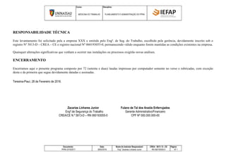 Curso: Disciplina:
MEDICINA DO TRABALHO PLANEJAMENTO E ADMINISTRAÇÃO DO PPRA
Documento: Data: Nome do Instrutor Responsável: CREA: 5813 / D - CE Página:
PPRA 2016/2017 28/02/2016 Eng° Zacarias Linhares Junior RN 060193055-0 Nº 1
RESPONSABILIDADE TÉCNICA
Este levantamento foi solicitado pela a empresa XXX e emitido pelo Engº. de Seg. do Trabalho, escolhido pela gerência, devidamente inscrito sob o
registro Nº 5813-D – CREA – CE e registro nacional Nº 060193055-0, permanecendo válido enquanto forem mantidas as condições existentes na empresa.
Quaisquer alterações significativas que venham a ocorrer nas instalações ou processos exigirão novas análises.
ENCERRAMENTO
Encerramos aqui o presente programa composto por 72 (setenta e duas) laudas impressas por computador somente no verso e rubricadas, com exceção
desta e da primeira que segue devidamente datadas e assinadas.
Teresina-Piauí, 28 de Fevereiro de 2016.
Zacarias Linhares Junior
Engº.de Segurança do Trabalho
CREA/CE N.º 5813-D – RN 060193055-0
Fulano de Tal dos Anzóis Enferrujados
Gerente Administrativo/Financeiro
CPF Nº 000.000.000-00
 