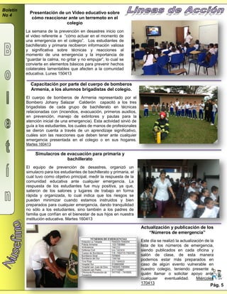 Boletín
No 4
Pág. 5
Capacitación por parte del cuerpo de bomberos
Armenia, a los alumnos brigadistas del colegio.
El cuerpo de bomberos de Armenia representado por el
Bombero Johany Salazar Calderón capacitó a los tres
brigadistas de cada grupo de bachillerato en técnicas
relacionadas con (incendios, evacuación, primeros auxilios,
en prevención, manejo de extintores y pautas para la
atención inicial de una emergencia). Esta actividad sirvió de
guía a los estudiantes, los cuales de manos de profesionales
se dieron cuenta a través de un aprendizaje significativo,
cuáles son las reacciones que deben tener ante cualquier
emergencia presentada en el colegio o en sus hogares.
Martes 160413
Presentación de un Video educativo sobre
cómo reaccionar ante un terremoto en el
colegio
La semana de la prevención en desastres inicio con
el video referente a “cómo actuar en el momento de
una emergencia en el colegio”. Los estudiantes de
bachillerato y primaria recibieron información valiosa
y significativa sobre técnicas y reacciones al
momento de una emergencia y la importancia de
“guardar la calma, no gritar y no empujar”, lo cual se
convierte en elementos básicos para prevenir hechos
colaterales lamentables que afecten a la comunidad
educativa. Lunes 150413
Actualización y publicación de los
“Números de emergencia”
Este día se realizó la actualización de la
lista de los números de emergencia,
siendo publicados en cada oficina y
salón de clase, de esta manera
podemos estar más preparados en
caso de algún evento vulnerable en
nuestro colegio, teniendo presente a
quién llamar o solicitar apoyo ante
cualquier eventualidad. Miércoles
170413
Simulacros de evacuación para primaria y
bachillerato
El equipo de prevención de desastres, organizó un
simulacro para los estudiantes de bachillerato y primaria, el
cual tuvo como objetivo principal, medir la respuesta de la
comunidad educativa ante cualquier emergencia. La
respuesta de los estudiantes fue muy positiva, ya que,
salieron de los salones y lugares de trabajo en forma
rápida y organizada, lo cual indica que los riesgos se
pueden minimizar cuando estamos instruidos y bien
preparados para cualquier emergencia, dando tranquilidad
no sólo a los estudiantes, sino también a los padres de
familia que confían en el bienestar de sus hijos en nuestra
institución educativa. Martes 160413
 