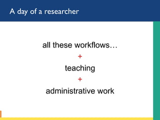 A day of a researcher
all these workflows…
+
teaching
+
administrative work
 