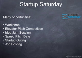 Many opportunities:
• Workshop
• Elevator Pitch Competition
• Idea Jam Session
• Speed Pitch Date
• Startup Outing
• Job P...