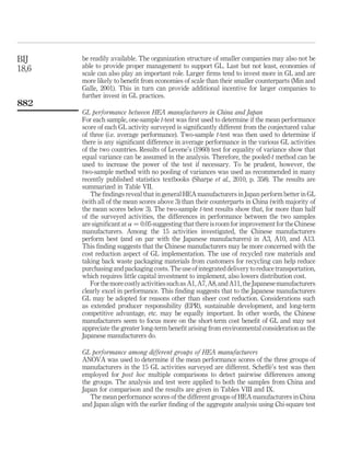 BIJ    be readily available. The organization structure of smaller companies may also not be
18,6   able to provide proper management to support GL. Last but not least, economies of
       scale can also play an important role. Larger ﬁrms tend to invest more in GL and are
       more likely to beneﬁt from economies of scale than their smaller counterparts (Min and
       Galle, 2001). This in turn can provide additional incentive for larger companies to
       further invest in GL practices.
882
       GL performance between HEA manufacturers in China and Japan
       For each sample, one-sample t-test was ﬁrst used to determine if the mean performance
       score of each GL activity surveyed is signiﬁcantly different from the conjectured value
       of three (i.e. average performance). Two-sample t-test was then used to determine if
       there is any signiﬁcant difference in average performance in the various GL activities
       of the two countries. Results of Levene’s (1960) test for equality of variance show that
       equal variance can be assumed in the analysis. Therefore, the pooled-t method can be
       used to increase the power of the test if necessary. To be prudent, however, the
       two-sample method with no pooling of variances was used as recommended in many
       recently published statistics textbooks (Sharpe et al., 2010, p. 358). The results are
       summarized in Table VII.
          The ﬁndings reveal that in general HEA manufacturers in Japan perform better in GL
       (with all of the mean scores above 3) than their counterparts in China (with majority of
       the mean scores below 3). The two-sample t-test results show that, for more than half
       of the surveyed activities, the differences in performance between the two samples
       are signiﬁcant at a ¼ 0.05 suggesting that there is room for improvement for the Chinese
       manufacturers. Among the 15 activities investigated, the Chinese manufacturers
       perform best (and on par with the Japanese manufacturers) in A3, A10, and A13.
       This ﬁnding suggests that the Chinese manufacturers may be more concerned with the
       cost reduction aspect of GL implementation. The use of recycled raw materials and
       taking back waste packaging materials from customers for recycling can help reduce
       purchasing and packaging costs. The use of integrated delivery to reduce transportation,
       which requires little capital investment to implement, also lowers distribution cost.
          For the more costly activities such as A1, A7, A8, and A11, the Japanese manufacturers
       clearly excel in performance. This ﬁnding suggests that to the Japanese manufacturers
       GL may be adopted for reasons other than sheer cost reduction. Considerations such
       as extended producer responsibility (EPR), sustainable development, and long-term
       competitive advantage, etc. may be equally important. In other words, the Chinese
       manufacturers seem to focus more on the short-term cost beneﬁt of GL and may not
       appreciate the greater long-term beneﬁt arising from environmental consideration as the
       Japanese manufacturers do.

       GL performance among different groups of HEA manufacturers
       ANOVA was used to determine if the mean performance scores of the three groups of
                                                                             ´
       manufacturers in the 15 GL activities surveyed are different. Scheffe’s test was then
       employed for post hoc multiple comparisons to detect pairwise differences among
       the groups. The analysis and test were applied to both the samples from China and
       Japan for comparison and the results are given in Tables VIII and IX.
          The mean performance scores of the different groups of HEA manufacturers in China
       and Japan align with the earlier ﬁnding of the aggregate analysis using Chi-square test
 