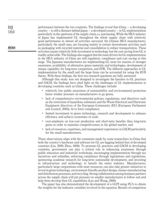BIJ    performance between the two countries. The ﬁndings reveal that China – a developing
18,6   country – is still a distance behind Japan – a developed country – in GL implementation
       particularly in the upstream of the supply chain, i.e. purchasing. While the HEA industry
       of Japan has implemented GL throughout the whole supply chain with relatively
       good performance in almost all activities surveyed, the Chinese HEA manufacturers,
       particularly the small ones, are focusing mainly in certain downstream activities such
890    as packaging with recycled material and consolidation to reduce transportation. These
       activities require relatively little investment in technology but the cost saving from GL is
       readily achievable. The ﬁndings also suggest that the main drivers for GL implementation
       in the HEA industry of China are still regulatory compliance and cost saving at this
       stage. The Japanese manufacturers are implementing GL more for reasons of stronger
       awareness, availability of alternative green materials and technologies, development of
       unique capability for long-term competition, and EPR. The different approaches to GL
       implementation by the small and the large ﬁrms can be accounted for using the RVB
       theory. With these ﬁndings, the ﬁrst two research questions are fully answered.
          Although this study was not designed to investigate the barriers to GL practices
       and GSCM, the ﬁndings have shed light on the challenges of GL implementation in
       developing countries such as China. These challenges include:
           .
              relatively low public awareness of sustainability and environmental protection
              hence weaker pressure on manufacturers to go green;
           .
              lack of comprehensive environmental policies, regulations, and directives such
              as the restriction of hazardous substance and the Waste Electrical and Electronic
              Equipment directives of the European Community (EU) (European Parliament
              and Council, 2003a, b) to force compliance;
           .
              limited investment in green technology, research and development to enhance
              efﬁciency and achieve economies of scale;
           .
              over-emphasis on low-cost production and short-term beneﬁts than long-term
              gains in order to maintain competitiveness in the global market; and
           .  lack of resources, expertises, and management experiences in GSCM particularly
              for the small manufacturers.

       These observations align with the comments made by some researchers in China that
       both the country’s hardware and software for GL are lagging behind that of developed
       countries (Liu, 2009; Zhou, 2009). To promote GL practices and GSCM in developing
       countries, government can play a critical role in enhancing awareness through
       public education and industrial workshops, encouraging implementation through tax
       incentives and subsidies, enforcing compliance through legislations and regulations,
       sponsoring academic research for long-term sustainable development, and investing
       in infrastructure and technology to beneﬁt the entire industry. Manufacturers,
       particularly large corporations with more resources, can also take greater initiatives to
       invest in green technology, environment-friendly product design, cleaner manufacturing
       and distribution processes, and recycling. Strong collaboration among business partners
       across the supply chain will put pressure on smaller manufacturers to follow suit and
       help them develop their GL capabilities (Lau and Wang, 2009).
          The paper has also demonstrated the development of a GLPI using PCA to obtain
       the weights for the indicator variables involved in the equation. Results of comparison
 