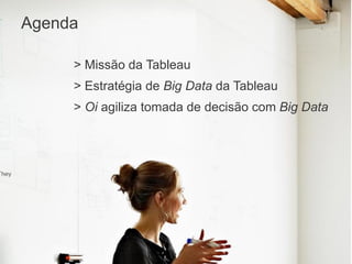 Agenda
> Missão da Tableau
> Estratégia de Big Data da Tableau
> Oi agiliza tomada de decisão com Big Data
 