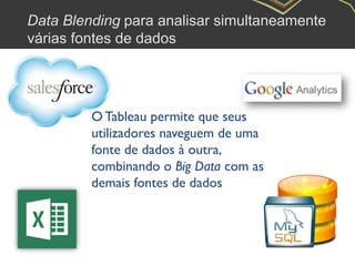 Data Blending para analisar simultaneamente
várias fontes de dados
O Tableau permite que seus
utilizadores naveguem de uma
fonte de dados à outra,
combinando o Big Data com as
demais fontes de dados
 