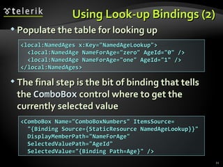 Using Look-up Bindings (2) Populate the table for looking up The final step is the bit of binding that tells the  ComboBox  control where to get the currently selected value <local:NamedAges x:Key="NamedAgeLookup"> <local:NamedAge NameForAge="zero" AgeId="0" /> <local:NamedAge NameForAge="one" AgeId="1" /> </local:NamedAges> <ComboBox Name="ComboBoxNumbers" ItemsSource= "{Binding Source={StaticResource NamedAgeLookup}}" DisplayMemberPath="NameForAge" SelectedValuePath="AgeId" SelectedValue="{Binding Path=Age}" /> 