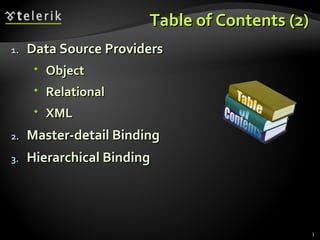 Table of Contents (2) Data Source Providers Object Relational XML Master-detail Binding Hierarchical Binding 