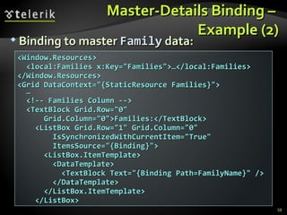 Master-Details Binding –  Example (2) Binding to master  Family  data: <Window.Resources> <local:Families x:Key="Families">…</local:Families> </Window.Resources> <Grid DataContext="{StaticResource Families}"> … <!-- Families Column --> <TextBlock Grid.Row="0" Grid.Column="0">Families:</TextBlock> <ListBox Grid.Row="1" Grid.Column="0" IsSynchronizedWithCurrentItem="True" ItemsSource="{Binding}"> <ListBox.ItemTemplate> <DataTemplate> <TextBlock Text="{Binding Path=FamilyName}" /> </DataTemplate> </ListBox.ItemTemplate> </ListBox> 