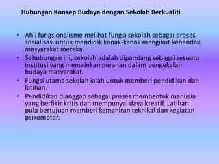 Hubungan Konsep Budaya dengan Sekolah Berkualiti


• Ahli fungsionalisme melihat fungsi sekolah sebagai proses
  sosialisasi untuk mendidik kanak-kanak mengikut kehendak
  masyarakat mereka.
• Sehubungan ini, sekolah adalah dipandang sebagai sesuatu
  institusi yang memainkan peranan dalam pengekalan
  budaya masyarakat.
• Fungsi utama sekolah ialah untuk memberi pendidikan dan
  latihan.
• Pendidikan dianggap sebagai proses membentuk manusia
  yang berfikir kritis dan mempunyai daya kreatif. Latihan
  pula bertujuan memberi kemahiran teknikal dan kegiatan
  psikomotor.
 