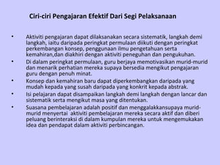 Ciri-ciri Pengajaran Efektif Dari Segi Pelaksanaan

•   Aktiviti pengajaran dapat dilaksanakan secara sistematik, langkah demi
    langkah, iaitu daripada peringkat permulaan diikuti dengan peringkat
    perkembangan konsep, penggunaan ilmu pengetahuan serta
    kemahiran,dan diakhiri dengan aktiviti peneguhan dan pengukuhan.
•   Di dalam peringkat permulaan, guru berjaya memotivasikan murid-murid
    dan menarik perhatian mereka supaya bersedia mengikut pengajaran
    guru dengan penuh minat.
•   Konsep dan kemahiran baru dapat diperkembangkan daripada yang
    mudah kepada yang susah daripada yang konkrit kepada abstrak.
•   Isi pelajaran dapat disampaikan langkah demi langkah dengan lancar dan
    sistematik serta mengikut masa yang ditentukan.
•   Suasana pembelajaran adalah positif dan menggalakkansupaya murid-
    murid menyertai aktiviti pembelajaran mereka secara aktif dan diberi
    peluang berinteraksi di dalam kumpulan mereka untuk mengemukakan
    idea dan pendapat dalam aktiviti perbincangan.
 