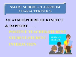 SMART SCHOOL CLASSROOM
  SMART SCHOOL CLASSROOM
     CHARACTERISTICS
      CHARACTERISTICS

AN ATMOSPHERE OF RESPECT
& RAPPORT . . . .
  POSITIVE TEACHER-STUDENT
  STUDENT-STUDENT   SEKOLAH
                    BESTARI . . .

  INTERACTION
 
