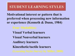 STUDENT LEARNING STYLES
 STUDENT LEARNING STYLES

Motivational interest or pattern that is
preferred when processing new information
or experience (Kenneth & Dunn, 1984)
   Four Modalities:
   Visual Verbal learners
   Visual Nonverbal learners
   Auditory learners
   Kinesthetic/tactile learners
   (Learning Styles Survey by Miller, 2000)
 