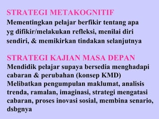 STRATEGI METAKOGNITIF
Mementingkan pelajar berfikir tentang apa
yg difikir/melakukan refleksi, menilai diri
sendiri, & memikirkan tindakan selanjutnya

STRATEGI KAJIAN MASA DEPAN
Mendidik pelajar supaya bersedia menghadapi
cabaran & perubahan (konsep KMD)
Melibatkan pengumpulan maklumat, analisis
trenda, ramalan, imaginasi, strategi mengatasi
cabaran, proses inovasi sosial, membina senario,
dsbgnya
 