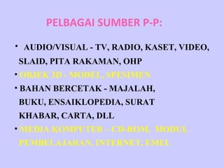 PELBAGAI SUMBER P-P:

•   AUDIO/VISUAL - TV, RADIO, KASET, VIDEO,
    SLAID, PITA RAKAMAN, OHP
• OBJEK 3D - MODEL, SPESIMEN
• BAHAN BERCETAK - MAJALAH,
    BUKU, ENSAIKLOPEDIA, SURAT
    KHABAR, CARTA, DLL
• MEDIA KOMPUTER – CD-ROM, MODUL
    PEMBELAJARAN, INTERNET, EMEL
 