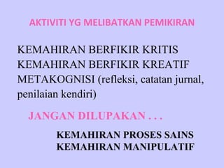 AKTIVITI YG MELIBATKAN PEMIKIRAN

KEMAHIRAN BERFIKIR KRITIS
KEMAHIRAN BERFIKIR KREATIF
METAKOGNISI (refleksi, catatan jurnal,
penilaian kendiri)
  JANGAN DILUPAKAN . . .
       KEMAHIRAN PROSES SAINS
       KEMAHIRAN MANIPULATIF
 