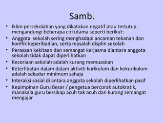 Samb. Iklim persekolahan yang dikatakan negatif atau tertutup mengandungi beberapa ciri utama seperti berikut: Anggota  sekolah sering menghadapi ancaman tekanan dan konflik keperibadian, serta masalah displin sekolah Perasaan kekitaan dan semangat kerjasma diantara anggota sekolah tidak dapat diperlihatkan Keceriaan sekolah adalah kurang memuaskan Keterlibatan dalam dalam aktiviti kurikulum dan kokurikulum adalah sekadar minimum sahaja Interaksi sosial di antara anggota sekolah diperlihatkan pasif Kepimpinan Guru Besar / pengetua bercorak autokratik, manakala guru bersikap acuh tak acuh dan kurang semangat mengajar 
