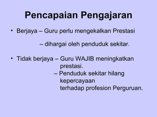 Pencapaian Pengajaran Berjaya – Guru perlu mengekalkan Prestasi  –  dihargai oleh penduduk sekitar. Tidak berjaya – Guru WAJIB meningkatkan  prestasi.    –  Penduduk sekitar hilang  kepercayaan  terhadap profesion Perguruan. 