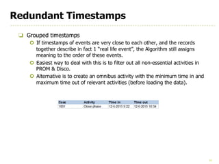15
Redundant Timestamps
❏ Grouped timestamps
¢ If timestamps of events are very close to each other, and the records
together describe in fact 1 “real life event”, the Algorithm still assigns
meaning to the order of these events.
¢ Easiest way to deal with this is to filter out all non-essential activities in
PROM & Disco.
¢ Alternative is to create an omnibus activity with the minimum time in and
maximum time out of relevant activities (before loading the data).
 