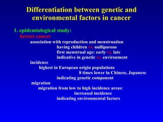 Differentiation between genetic and environmental factors in cancer 1. epidemiological study: breast cancer   association with reproduction and menstruation   having children  vs.  nulliparous   first menstrual age: early  vs.  late   indicative in genetic  vs.  environment incidence  highest in European origin populations   8 times lower in Chinese, Japanese   indicating genetic component   migration    migration from low to high incidence areas:  increased incidence   indicating environmental factors 