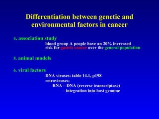 Differentiation between genetic and environmental factors in cancer 4 . association study blood group A people have an 20% increased  risk for  gastric cancer  over the  general population 5.  animal models 6.  viral factors DNA viruses: table 14.1, p198 retroviruses:  RNA – DNA (reverse transcriptase)  –  integration into host genome 