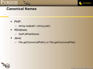 Canonical Names PHP:  string realpath ( string path) Windows:  GetFullPathName Java:  File.getCanonicalPath() or File.getCanonicalFile() 