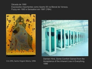 Década de 1990
      Exposições importantes como Aperto 93 na Bienal de Veneza,
      Fuzzy em 1993 e Sensation em 1997 (YBA)




                                       Damien Hirst, Some Comfort Gained from the
Cris Ofili, Santa Virgem Maria, 1996   Acceptance of the inherent Lies in Everything,
                                       1996
 