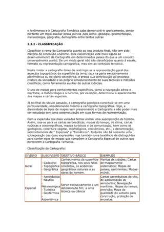 e fenômenos e à Cartografia Temática cabe demonstrá-lo graficamente, sendo
 portanto um meio auxiliar dessa ciência ,tais como: geologia, geomorfologia,
 metereologia, geografia, demografia entre tantas outras

 2.3.2 - CLASSIFICAÇÃO

 Classificar o ramo da Cartografia quanto ao seu produto final, não tem sido
 matéria de conclusão unânime. Esta classificação está mais ligada ao
 desenvolvimento da Cartografia em determinados países do que a um conceito
 universalmente aceito. De um modo geral não são classificados quanto à escala,
 formato ou representação cartográfica, mas sim ao conteúdo temático.

 Neste mister a cartografia deixa de restringir-se a representação geral dos
 aspectos topográficos da superfície da terra, seja na parte exclusivamente
 planimétrica ou na plano-altimétrica, e presta sua contribuição ao processo
 criativo da sociedade e ao próprio amadurecimento de suas técnicas e métodos
 científicos, como ferramenta auxiliar de outras ciências.

 O uso de mapas para conhecimentos específicos, como a navegação aérea e
 marítima, a meteorologia e o turismo, por exemplo, determinou o aparecimento
 dos mapas e cartas especiais.

 Já no final do século passado, a cartografia geológica constituía-se em uma
 particularidade, impulsionando mesmo a cartografia topográfica. Hoje, a
 diversidade de tipos de mapas vem pressionando a Cartografia a não poder mais
 ser estudada sem uma sistematização em suas formas de representação.

 Com a expansão dos mais variados temas ocorre uma superposição de termos.
 Assim, usa-se para as cartas aeronaúticas, mapas do tempo, de clima, cartas
 naúticas e oceonográficas, mapas turísticos e de comunicação, bem como os
 geológicos, cobertura vegetal, morfológicos, econômicos, etc., a denominação,
 indistintamente de " Especiais" e "Temáticos". Portanto não há somente uma
 sobreposição das duas expressões mas também uma tendência de distinguí-las
 para conter tipos de mapas que compõem a Cartografia Especial de outros que
 pertencem a Cartografia Temática.

 Classificação da Cartografia:

DIVISÃO    SUBDIVISÃO OBJETIVO BÁSICO                  EXEMPLOS
                         Conhecimento da superfície    Plantas de cidades; Cartas
           - Cadastral   topográfica, nos seus fatos   de mapeamento
Geral      - Topográfica concretos, os acidentes       sistemático; Mapas de
           - Geográfica geográficos naturais e as      países; continentes; Mapas-
                         obras do homem.               múndi.
           - Aeronáutica                               Cartas aeronáuticas de vôo,
           - Náutica                                   de aproximação de
           -                                           aeroportos; Navegação
                         Servir exclusivamente a um
           Metereológica                               marítima; Mapas do tempo,
Especial                 determinado fim; a uma
           - Turística                                 previsão; Mapa da
                         técnica ou ciência
           - Geotérmica                                qualidade do subsolo para
           -                                           construção, proteção de
           Astronômica                                 encostas.
 