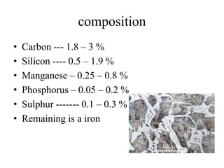 composition
• Carbon --- 1.8 – 3 %
• Silicon ---- 0.5 – 1.9 %
• Manganese – 0.25 – 0.8 %
• Phosphorus – 0.05 – 0.2 %
• Sulphur ------- 0.1 – 0.3 %
• Remaining is a iron
 