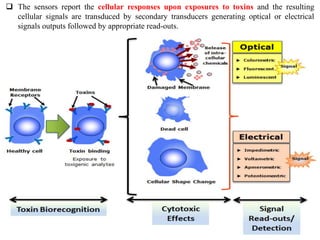  The sensors report the cellular responses upon exposures to toxins and the resulting
cellular signals are transduced by secondary transducers generating optical or electrical
signals outputs followed by appropriate read-outs.
 