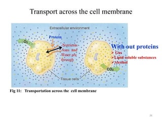 Transport across the cell membrane
26
-Nutrients
-Ions and
Water are
through
-
With out proteins
 Gas
Lipid soluble substances
Alcohol
Protein
Fig 11: Transportation across the cell membrane
 