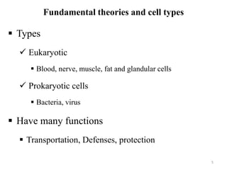 Fundamental theories and cell types
 Types
 Eukaryotic
 Blood, nerve, muscle, fat and glandular cells
 Prokaryotic cells
 Bacteria, virus
 Have many functions
 Transportation, Defenses, protection
5
 
