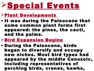 Special Events
Plant Developments
• It was during the Paleocene that
some common plant forms first
appeared: the pines, the cacti,
and the palms.
Bird Expansion Begins
• During the Paleocene, birds
began to diversify and occupy
new niches. Most bird types had
appeared by the middle Cenozoic,
including representatives of
perching birds, cranes, hawks,
 