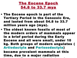 The Eocene Epoch
54.8 to 33.7 mya
• The Eocene epoch is part of the
Tertiary Period in the Cenozoic Era,
and lasted from about 54.8 to 33.7
million years ago (mya).
• The oldest known fossils of most of
the modern orders of mammals appear
in a brief period during the Early
Eocene and all were small, under 10
kg. Both groups of modern ungulates (
Artiodactyla and Perissodactyla)
became prevalent mammals at this
time, due to a major radiation
 