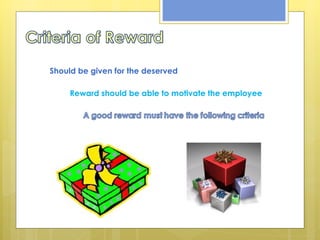 Should be given for the deserved Reward should be able to motivate the employee 