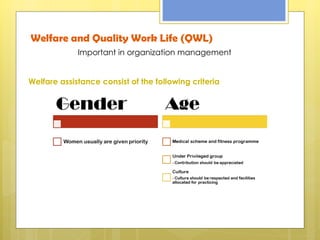 Welfare and Quality Work Life (QWL) Important in organization management Welfare assistance consist of the following criteria 