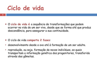 Ciclo de vida
2




    O ciclo de vida é a sequência de transformações que podem
    ocorrer na vida de um ser vivo, desde que se forma até que produz
    descendência, para assegurar a sua continuidade.


    O ciclo de vida comporta 2 fases:
    desenvolvimento desde o ovo até à formação de um ser adulto.
    reprodução, ou seja, formação de novos indivíduos, os quais
    transportam a informação genética dos progenitores, transferida
    através dos gâmetas.
 