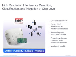 © 2013 Cisco and/or its affiliates. All rights reserved. Cisco Confidential 15
High Resolution Interference Detection,
Classification, and Mitigation at Chip Level
Detect | Classify | Locate | Mitigate
• CleanAir radio ASIC
• Detect Wi-Fi
and non-Wi-Fi
interference sources
• Assess impact to
Wi-Fi performance
• Proactively change
channels when
interference occurs
• Monitor air quality
35
100
63
97
2090
 