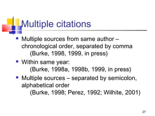 Multiple citations
   Multiple sources from same author –
    chronological order, separated by comma
       (Burke, 1998, 1999, in press)
   Within same year:
       (Burke, 1998a, 1998b, 1999, in press)
   Multiple sources – separated by semicolon,
    alphabetical order
       (Burke, 1998; Perez, 1992; Wilhite, 2001)


                                                   27
 