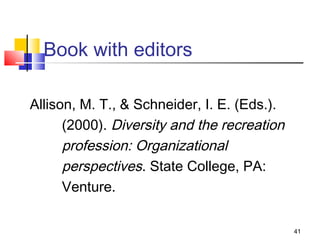 Book with editors

Allison, M. T., & Schneider, I. E. (Eds.).
      (2000). Diversity and the recreation
      profession: Organizational
      perspectives. State College, PA:
      Venture.

                                             41
 