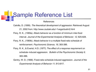 Sample Reference List

                                     References
    Calvillo, D. (1999). The theoretical development of aggression. Retrieved August
          21, 2002 from: http://www.csubak.edu/~1vega/dustin2.html
    Flory, R. K., (1969a). Attack behavior as a function of minimum inter-food
          interval. Journal of the Experimental Analysis of Behavior. 12, 825-828.
    Flory, R. K., (1969b). Attack behavior in a multiple fixed-ratio schedule of
          reinforcement. Psychonomic Science, 16, 383-386.
    Flory, R. K., & Everist, H.D. (1977). The effect of a response requirement on
          schedule- induced aggression. Bulletin of the Psychonomic Society 9,
          383-386.
    Gentry, W. D. (1968). Fixed-ratio schedule-induced aggression. Journal of the
          Experimental Analysis of Behavior 11, 813-817.

                                                                                     61
 