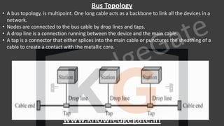 KnowledgeGate
www.knowledgegate.in
Bus Topology
• A bus topology, is multipoint. One long cable acts as a backbone to link all the devices in a
network.
• Nodes are connected to the bus cable by drop lines and taps.
• A drop line is a connection running between the device and the main cable.
• A tap is a connector that either splices into the main cable or punctures the sheathing of a
cable to create a contact with the metallic core.
 